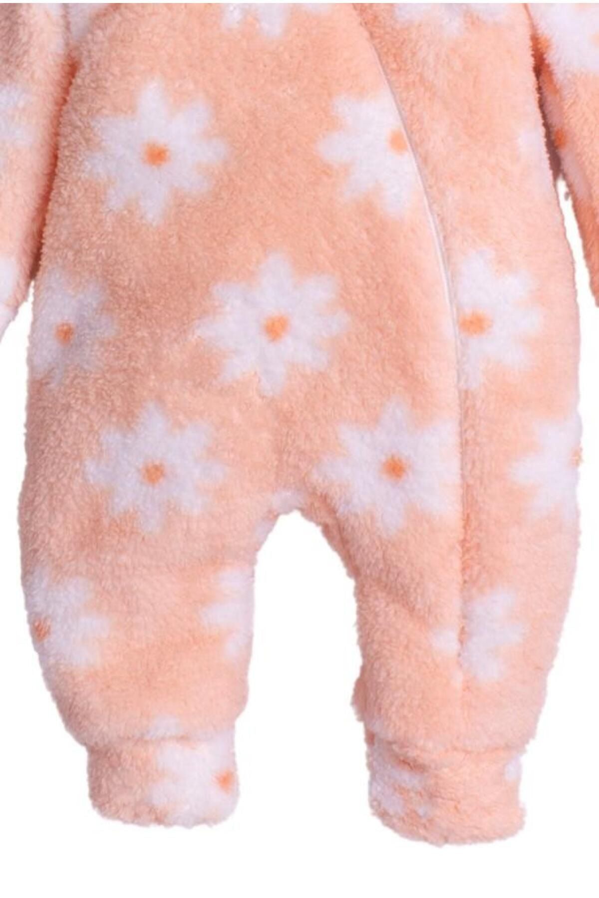 Kışlık Tatlı Peluş Kapüşonlu Çiçek Desenli Bebek Çocuk Welsoft Tulum